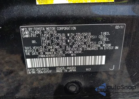 2011 Toyota Rav4 Sport V6 z USA, uszkodzony, nr VIN JTMRK4DV4B5103278